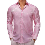 Luxury Shirts Men's Silk Long Sleeve Pink Paisley Slim Fit Blouses Casual Formal Tops Breathable Barry Wang MartLion 0078 S 