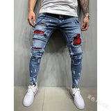 Street Style Ripped Skinny Jeans Men Vintage wash Solid Denim Trouser MartLion   