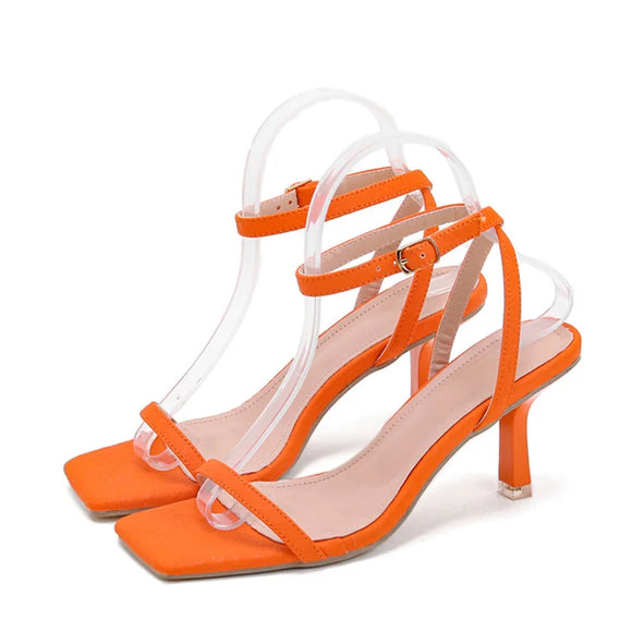 Liyke Square Toe Orange Sandals Thin Low Heel Buckle Strap Rome Summer Gladiator Women Casual Shoes MartLion Orange 35 