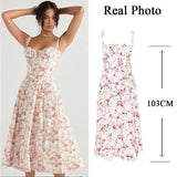 Floral Print Summer Holiday Dress Elegant Midi Spaghetti Strap Lace Up Dress A Line Casual Women Clothing MartLion pink print L(slim fitting) 