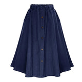 Women's Waist Button Pleated Midi Skirt With Elastic Waist Knee Length Skirt MartLion Blue  