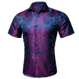 Barry Wang Luxury Purple Floral Men's Summer Silk Casual Shirt Stylish Lapel Pattern Short Sleeve Shirt Blouse Fit MartLion   