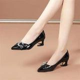 women cute sweet black leather square heel shoes for office classic pointed toe office party pumps MartLion   