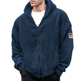 Winter Men's Double Sided Fleece Warm Jacket US Flag Print Long Sleeve Zip Loose Coats Outdoor Cold-Proof Hoodie Outwear MartLion Navy Blue S 