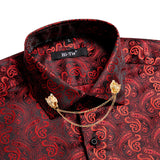 Hi-Tie Silk Men's Shirts Black Gold Long Sleeve Slim Fit Paisley Lapel Brooch Shirt Wedding Party Gift Designer MartLion CY-1007-XZ-0312 S 