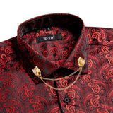 Dark Purple Men's Shirt Silk Long Sleeve Lapel Slim Fit Paisley Jacquard Shirt With Brooch Party Gift Hi-Tie MartLion CY-1007-XZ-0312 S 