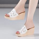 Non Slip Floral Cutout High Heels Wedding Shoes Women Wedges Slippers Summer Beach Slides Thick Sole MartLion White 10 