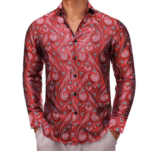  Luxury Shirts Men's Silk Long Sleeve Red Green Paisley Slim Fit Blouses Casual Formal Tops Breathable Barry Wang MartLion - Mart Lion