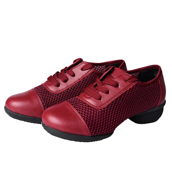 Breathable Jazz Dance Shoes Women's Leather Mesh Modern Dance Practice Wear-Resistant 4cm Heel MartLion Red mesh 35 