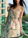French Design Floral Strapless Dress Women Summer Holiday Casual Dress Female frock MartLion   