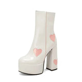 Women's Platform High Heel Boots Thick Heart Printed Ankle Waterproof and Short MartLion white 34 