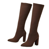 Green Women Cozy Knitting Stretch Fabric Knee High Boots Square Heels Autumn Winter Sock Long Shoes MartLion Brown 38 