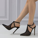 Liyke Black Mesh Pointed Toe Stiletto High Heels Sandals Female Ankle Buckle Strap Party Stripper Shoes Women Pumps Mart Lion   