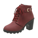 Black Chunky Heeled Women's Ankle Boots Autumn Metal High Heels Shoes Woman Lace Up Platform MartLion Wine Red 35 