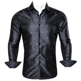 Barry Wang Luxury Black Paisley Silk Shirts Men's Long Sleeve Casual Flower Silver Shirts Designer Fit Dress MartLion   