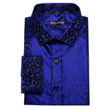 Luxury Shrits Men's Sky Roal Blue Navy Embroidered Paisley Long Sleeve Casual Slim Fit Blouses Lapel Barry Wang MartLion   