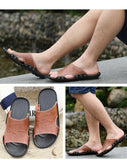 Men's Slippers Summer Genuine Leather Casual Slides Street Beach Shoes Black Cow Leather Sandals Mart Lion   