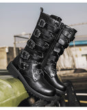 Men's Leather Motorcycle Boots Black Gothic Punk Cowboy Casual Military Tactical Mart Lion   