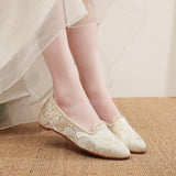 Gold Embroidery Women Pointy Toe Slip On Ballet Flats Elegant Casual Ballerinas Shoes for Beige MartLion   