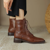 Winter Retro Women Boots Lace Up Chelsea Round Toe Shoes Short Genuine Leather Western MartLion   