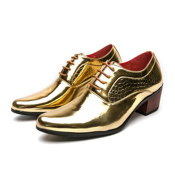 Luxury Gold Men's High Heel Leather Shoes Moccasins Designer Pointed Dress Wedding Formal MartLion Gold 665 38 