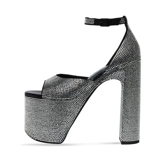 Women's Summer Water Diamond Thick Sole Sandals Nightclub Stage Show Shoes Wedding MartLion 570-Black rhinestone 34 
