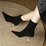 Luxury Design Woman Sock Ankle Boots Spring Autumn Pointed Toe High Heel Elastic Flock Black Booties Lady Shoes MartLion Black 39 