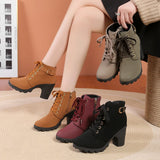 Black Chunky Heeled Women's Ankle Boots Autumn Metal High Heels Shoes Woman Lace Up Platform MartLion   