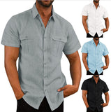 Summer Men's Short Sleeve Shirt Linen Solid Color T shirt  Cardigan Often Double Pocket Design Casual Loose Mart Lion   