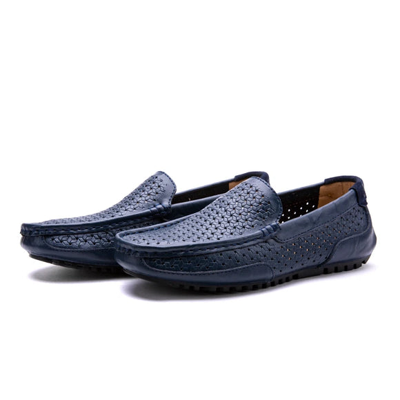  Leather Men's Summer Moccasins Blue Loafers Casual Brethable Hollow Out Slip-on Driving Shoes Flats MartLion - Mart Lion