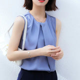 Summer Elegant Sleeveless Satin Shirt Ladies Round Neck Folds All-match Blouse Women Solid Color MartLion Blue 2XL 