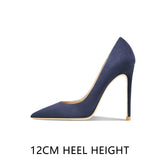 Pointed Shallow Mouth Suede Ultra-Thin High Heels 10cm Pumps Banquet Ladies Women's Shoes MartLion Dark Blue 12CM 36 CHINA