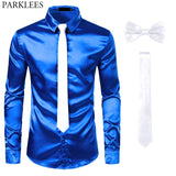 Black Men's Silk Dress Shirts 3Pcs(Shirt +Tie+Bowtie) Smooth Satin Slim Fit Party Prom Casual Social Camisa Mart Lion   