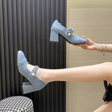 Closed Toe Sandals Designer Sandals Women's Vintage Chunky High Heels Back Strap Denim Heels Summer Shoes Mart Lion 2-Blue 7cm 34 