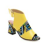 Sandals Ladies Print Thick Heel Fish Mouth Women's Shoes MartLion Yellow 34 