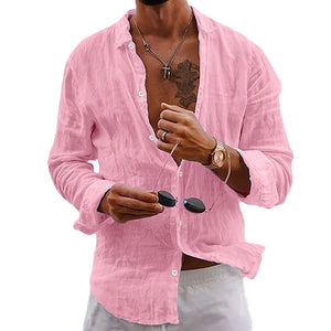 Men's Linen Long Sleeve T-Shirt Solid Color Loose Casual Shirt Long Sleeve Cotton Linen Shirt Casual Cotton Linen Shirt MartLion Pink1 S 