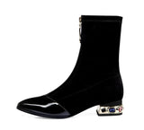 Women Pointed Toe Ankle Boots Autumn Winter Chunky Heels Rhinestones Med Heels Short Flock MartLion   