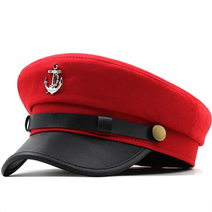 Casual Summer Military Caps Woman Cotton Beret Flat Hats Captain Cap Trucker Vintage Red Black Dad Bone Male Women's leather hat MartLion red 55-58CM 