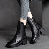 Women Shoes Winter Square Med  Boots Lace Up Zipper Ladies Pumps MartLion black 37 