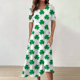 Women's Clothing Unique St Patrick's Day Print Mid-Calf Dresses Round Neck Short Sleeves Frocks MartLion White S CHINA