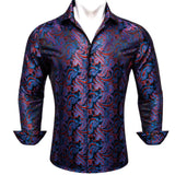 Designer Men's Shirts Silk Long Sleeve Purple Gold Paisley Embroidered Slim Fit Blouses Casual Tops Barry Wang MartLion 0471 S 