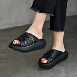 Platform slippers women wear cross-strap flip-flops summer casual 100 bypass head layer cowhide open-toe MartLion   