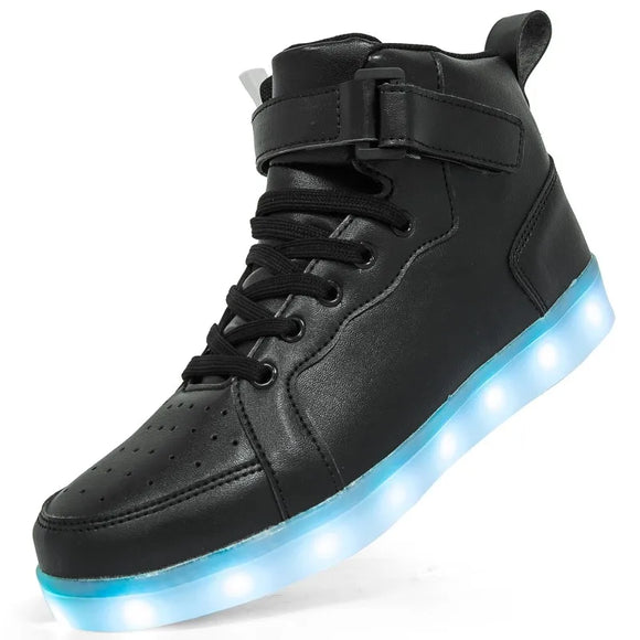 Men's and Women's High Top Board Shoes Children's Luminous LED Light Shoes Mirror Leather Panel