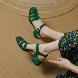 Summer Women Shoes Round Toe Sandals Casual Suede Roman Heels Green Genuine Leather Mid Heels MartLion   