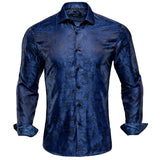 Silk Navy Blue Men's Shirts Long Sleeve Single Breasted Windsor Collar Casual Blouse Outerwear Wedding MartLion CY-1015 S 