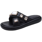 summer thick soled rhinestone open toe casual beach slippers flat slippers for women MartLion   