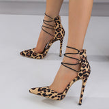 Liyke Leopard Print Pointed Toe Stiletto High Heels Sandals Female Elastic Ankle Strap Women Pumps Party Zip Shoes Mart Lion   