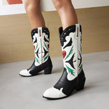 Women's Embroidered Western Knee High Boots Cowboy Chunky Heel Platform Western Shoes White Mart Lion   