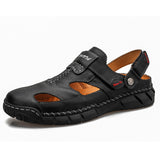 Classic Men's Sandals Summer Soft Leather Beach Outdoor Casual Lightweight Shoes Mart Lion Black 713 6.5 