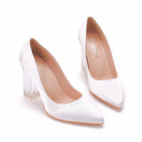 White Women Block Transparent 9 cm High Heels Lady Satin Clear Pumps Wedding Dress Silk Shoes MartLion   